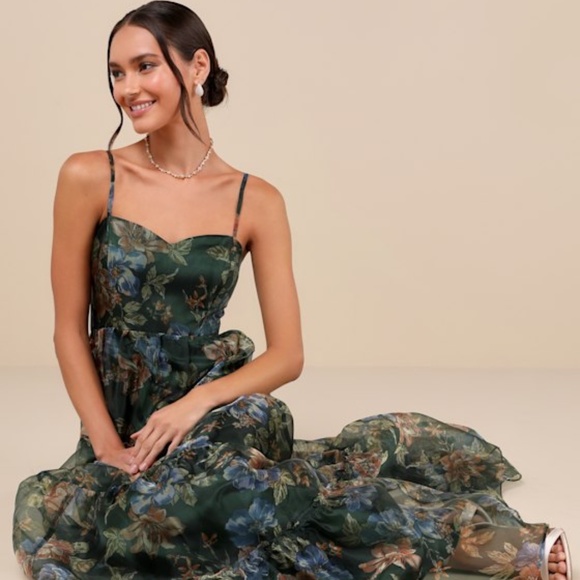 Lulus Exclusive Glamour Green Floral Organza Tiered Maxi Dress - Size S - Picture 1 of 4